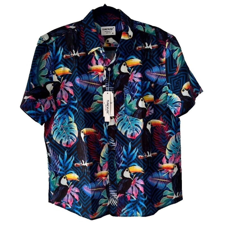 Tunevuse Mens Tropical Toucan Print‎ Short Sleeve Button Up Shirt Multicolor M